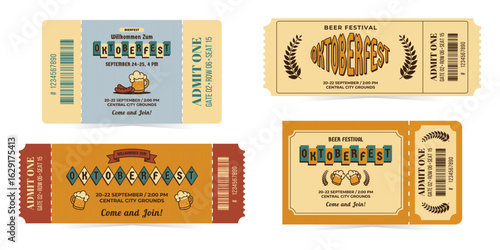 Oktoberfest entrance tickets set in mid century style. Vintage vector illustration isolated on white background for event, beer festival, party and more, retro colors