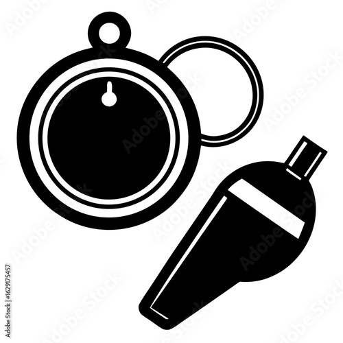Black and white graphic illustration of a sports stopwatch and a whistle symbolizing timing and officiating in sports