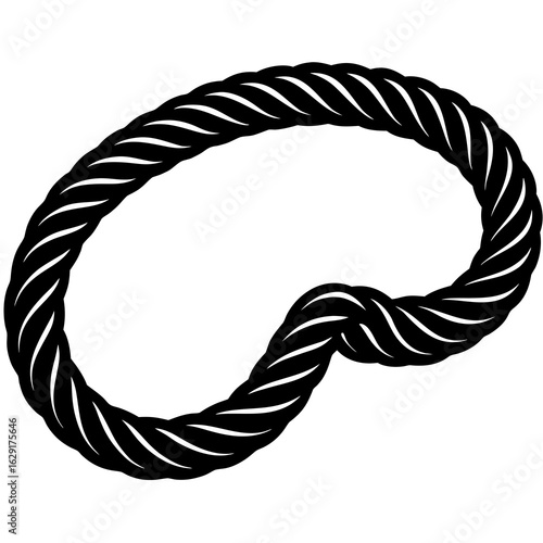 Thick black twisted rope forming a loop with a knot in the middle on a white background