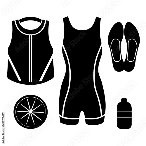 Collection of black silhouettes representing athletic wear including a leotard a vest ballet slippers a water bottle and a sliced orange