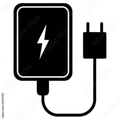 Black silhouette icon of a power adapter with a lightning bolt symbol indicating fast charging connected to a wall plug