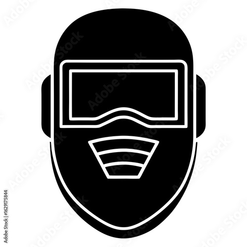 Simple black icon of a welding mask with a protective visor and ventilation details on a white background