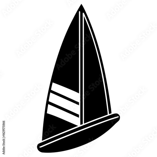 A simple black silhouette of a windsurfing sail and board against a white background