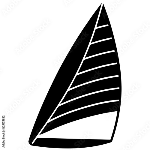 Stylized black and white graphic of a windsurf sail with horizontal lines and a clear section