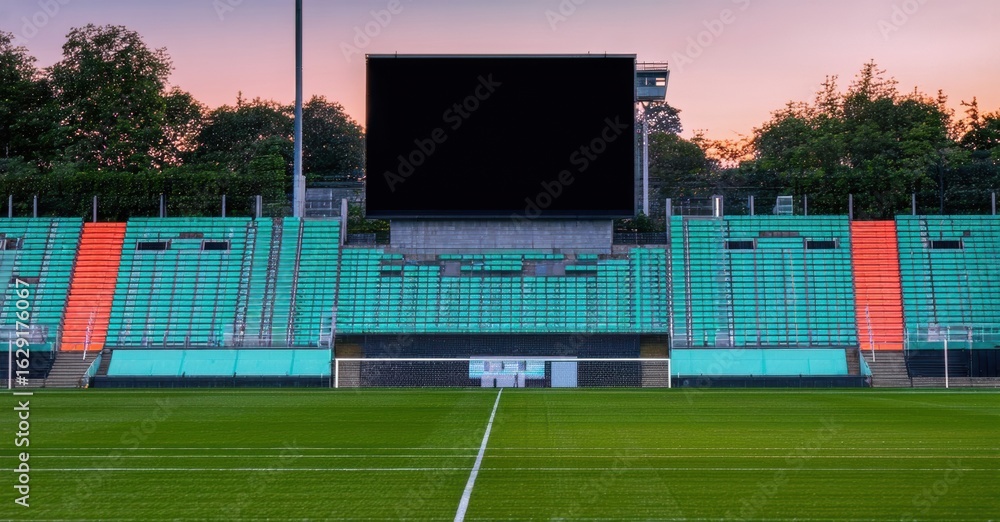 Fototapeta premium Empty stadium view. Green field, colorful seats, large screen visible. Sunset hues paint sky, creating calm atmosphere.