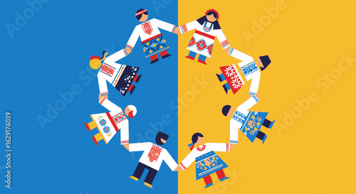 Flat Design People Circle Holding Hands in Ukrainian Traditional Clothing