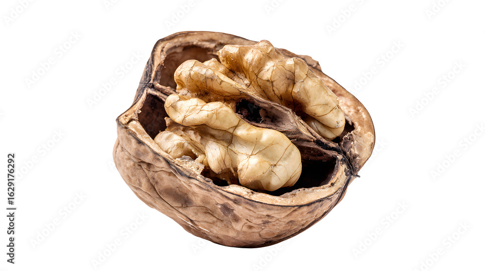 Fototapeta premium Open walnut with kernel, revealing the edible nut inside the shell on transparent background