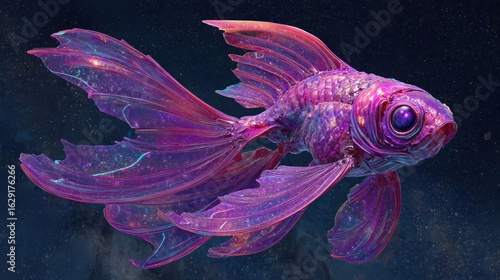 Translucent purple fish with long, flowing fins swims against a dark, speckled background