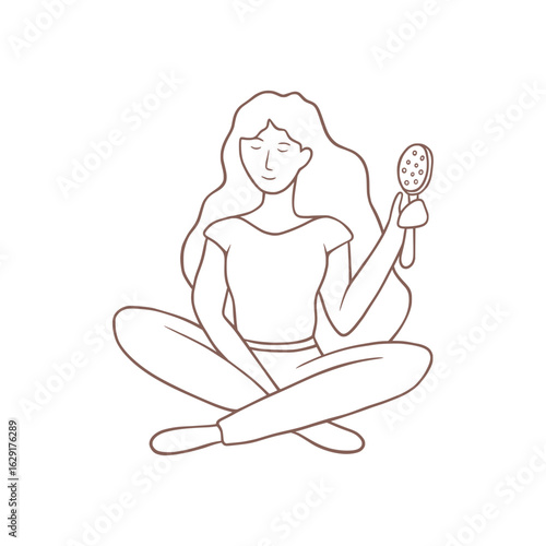 Vector linear illustration. Whimsical girl. Girl in doodle style. Self-care illustration