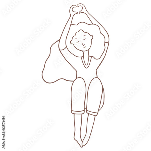 Vector linear illustration. Whimsical girl. Girl in doodle style. Self-care illustration