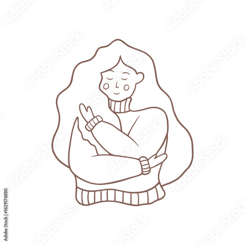Vector linear illustration. Whimsical girl. Girl in doodle style. Self-care illustration. The girl hugs herself