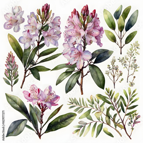 A bouquet of beautiful pink lilies and purple lilac blossoms with green leaves and a white background