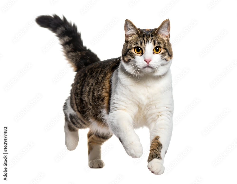 Obraz premium A tabby cat with white paws and chest is captured mid-stride against a stark white background