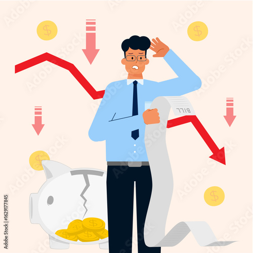 Man bankrupt and out of money during recession illustration