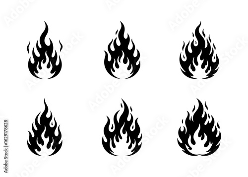 Set of six black fire flame icons or tribal logo elements design.