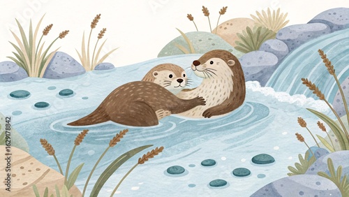 Two Adorable Otters Cuddling and Playing Together in a Gentle River Flowing Through a Picturesque Natural Landscape Scene
