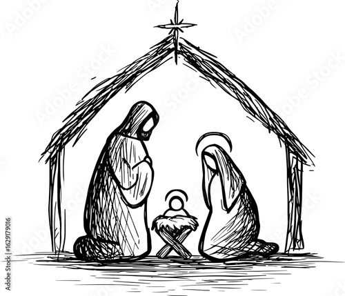 Hand-drawn sketch of nativity scene with Mary, Joseph, and baby Jesus.