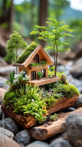 Miniature wooden house nestled in a moss garden