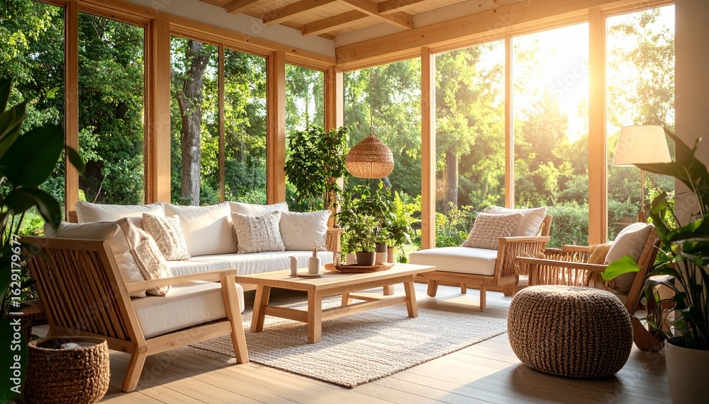 Fototapeta premium Tranquil sunroom with elegant wooden furniture and panoramic windows overlooking a lush, sun-drenched garden
