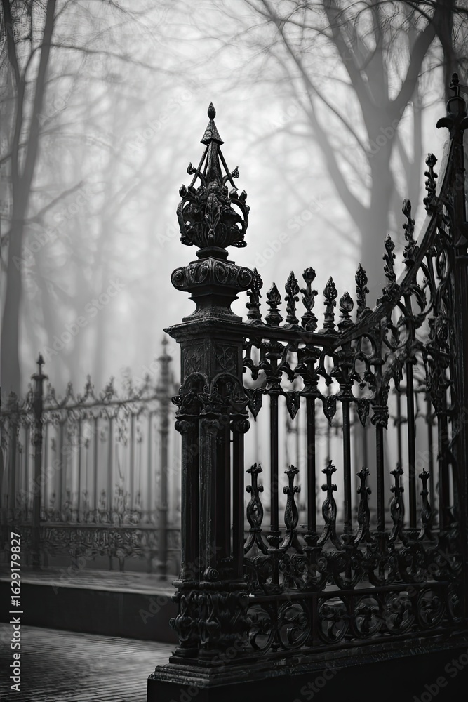 Fototapeta premium Dark, ornate wrought iron fence in a misty park (1)