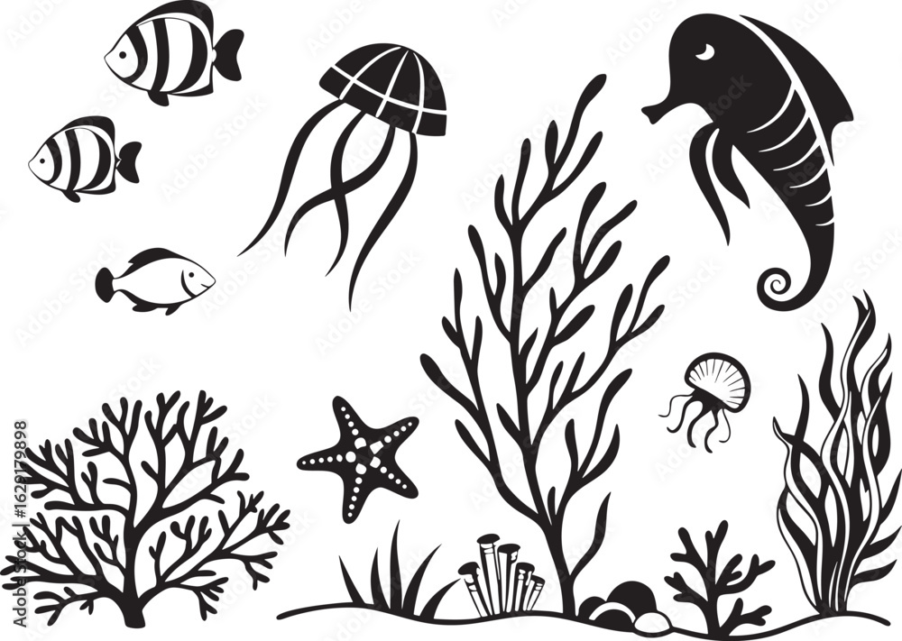 Naklejka premium Underwater Landscape Icons on White Background Premium Vector Set