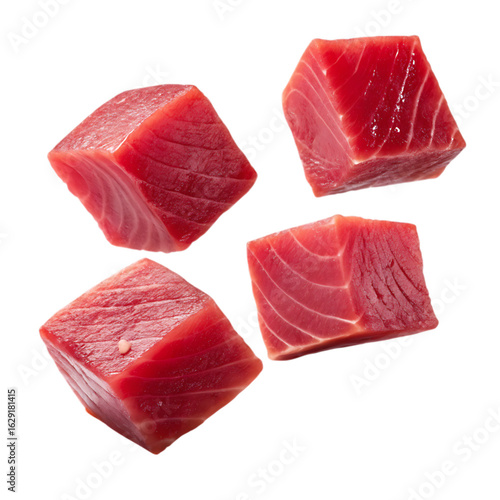 Fresh tuna cubes isolated on transparent background