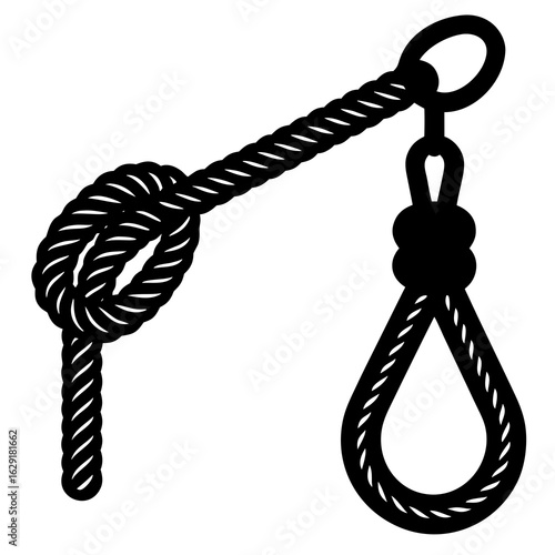 Two black silhouette icons of rope knots one a noose and the other a loop with a metal ring