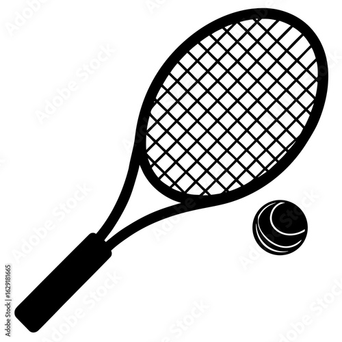 Simple black silhouette of a tennis racket and a tennis ball on a white background