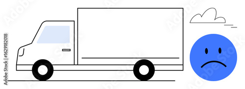 White delivery truck moving, a blue sad face denoting challenges, and a small cloud. Ideal for logistics, delivery issues, customer dissatisfaction, service delays, supply chain problems