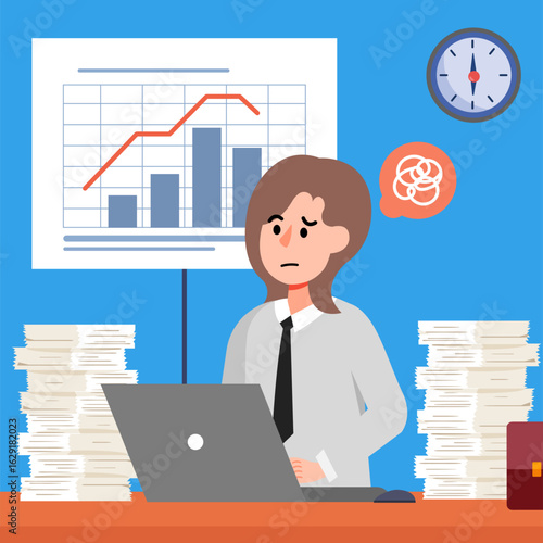Overwhelmed woman stressed with too much work illustration