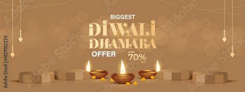 Diwali Sale Offer Discount Poster Design. Diwali Dhamaka Sale Label Design with podium design. Diwali Sale Label Design Template Vector Layered illustration.