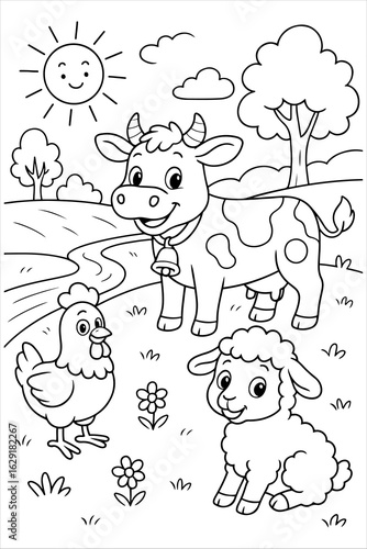 Coloring page featuring cute cow, chicken, and lamb in a sunny farm landscape. A fun and educational farm animal scene for children's creativity and learning