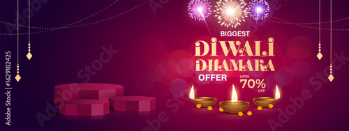 Diwali Sale Offer Discount Poster Design. Diwali Dhamaka Sale Label Design with podium design. Diwali Sale Label Design Template Vector Layered illustration.