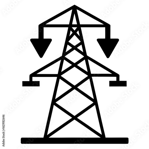 Stylized black and white graphic illustration of a modern electricity pylon tower against a clean white background