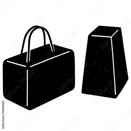 Stylized black silhouette of a duffel bag and a rectangular block on a white background