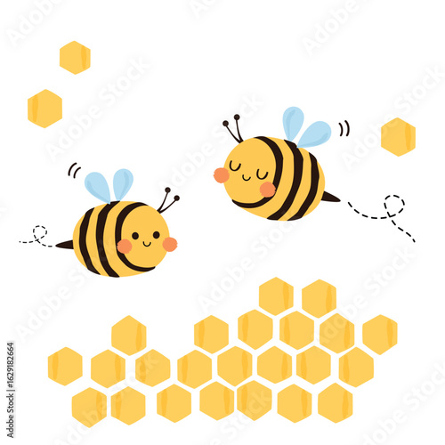Beehive honey sign with hexagon grid cells and bee cartoons icon sign isolated on whiter background vector.