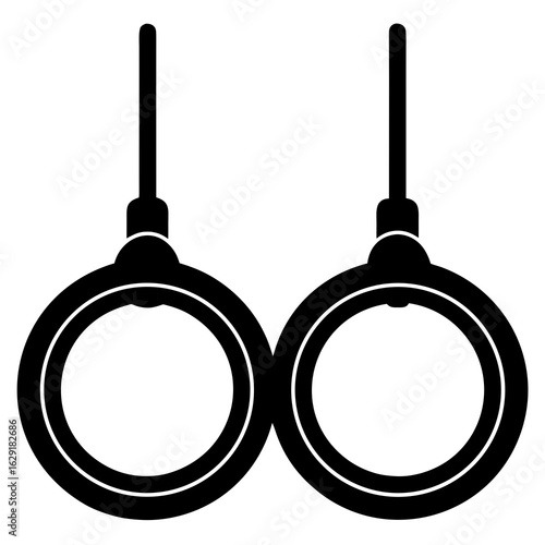 Pair of black silhouette olympic gymnastics rings hanging suspended from straps against a white background