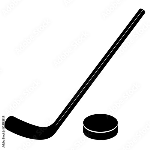 Simple black silhouette of a hockey stick and puck isolated on a clean white background for sports design