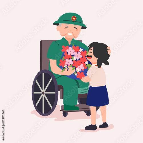 Child giving flowers to Vietnamese veteran – gratitude and remembrance illustration
