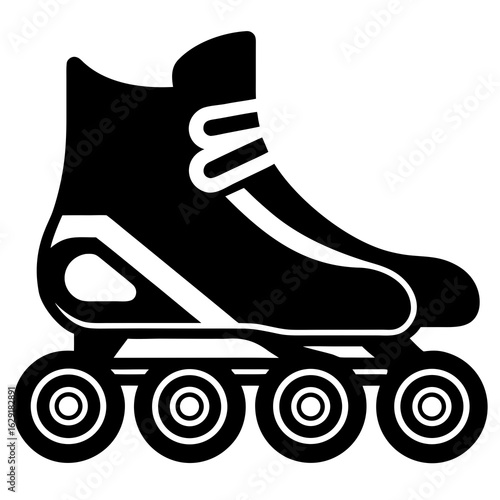 Classic black and white icon illustration of a pair of roller skates on a white background