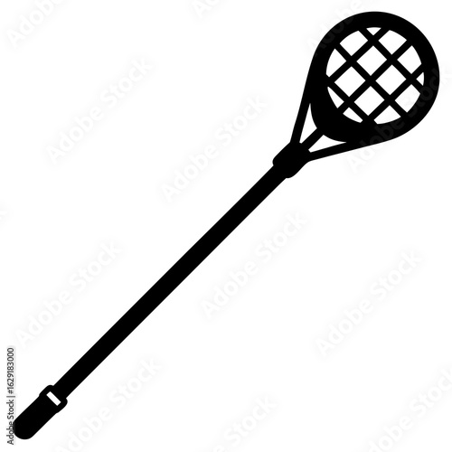 Black silhouette of a lacrosse stick and ball isolated on a white background symbolizing the sport