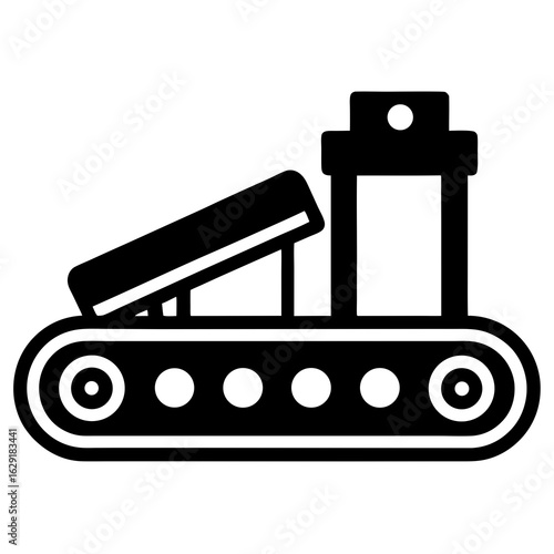 Simple black and white icon representing a factory or industrial building with a ramp and smokestack