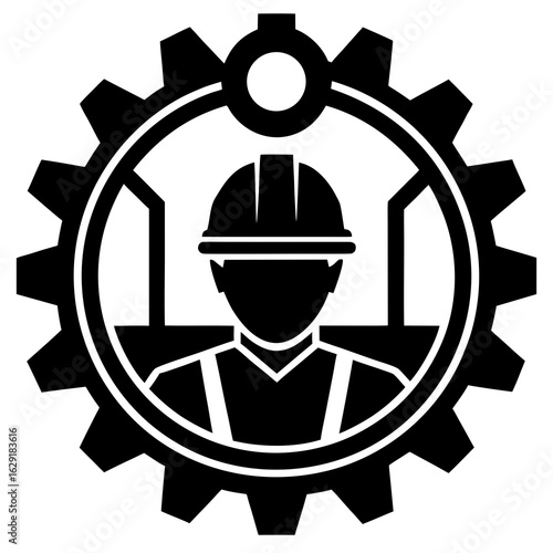 Black silhouette of a miner wearing a hard hat and crossed pickaxes within a circular emblem representing mining industry