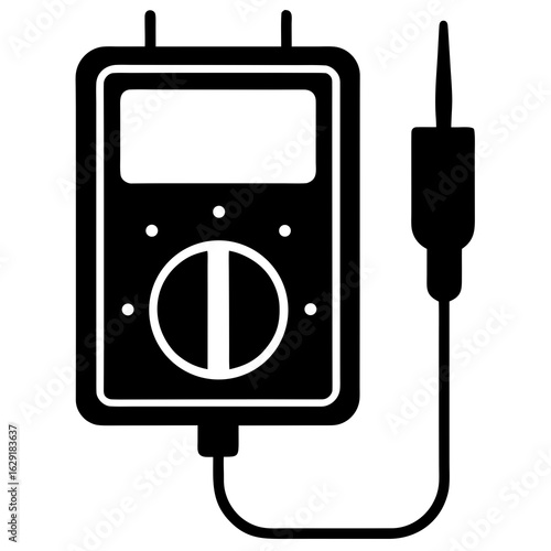 A simple black and white icon of a digital multimeter with two leads and a dial for measuring electrical properties