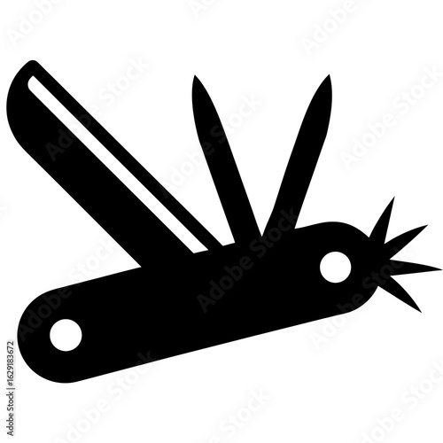 Black silhouette of a multi tool pocket knife with multiple blades and tools extended on a white background