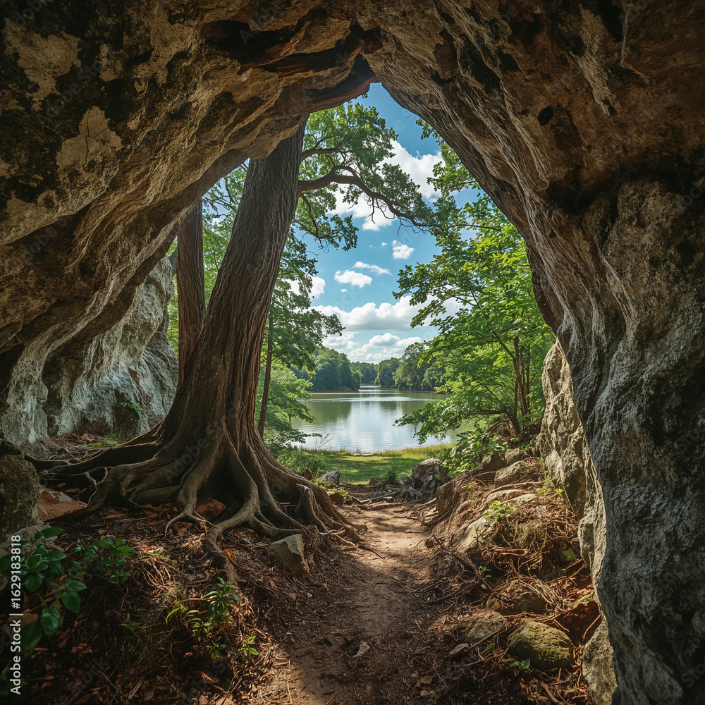 Obraz premium View from a cave looking out to a calm lake and green forest under a blue sky nature