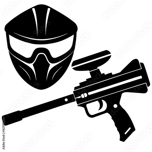 Black silhouette of a paintball gun and protective mask with hopper for sports and gaming