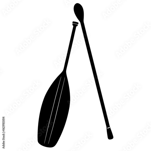 Two black silhouette paddles one for canoeing and one for stand up paddleboarding on white background