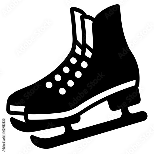 Pair of black silhouette figure skates with white laces and sharp blades on a white background