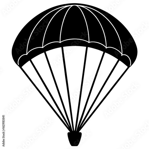 A simple black silhouette of an open parachute with lines connecting the canopy to the harness below